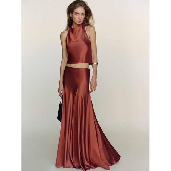 Reformation Sera Silk Two Piece Rosewood Halter & Maxi Skirt Brand New - Picture 4 of 6